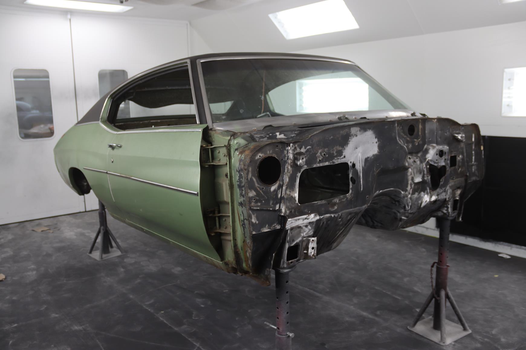 1970 chevelle protouring body swap epoxy and raptor undercoat metalworks speedshop oregon